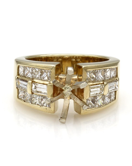 Three Row Channel Set Princess and Baguette Diamond Mounting in 14k Yellow Gold